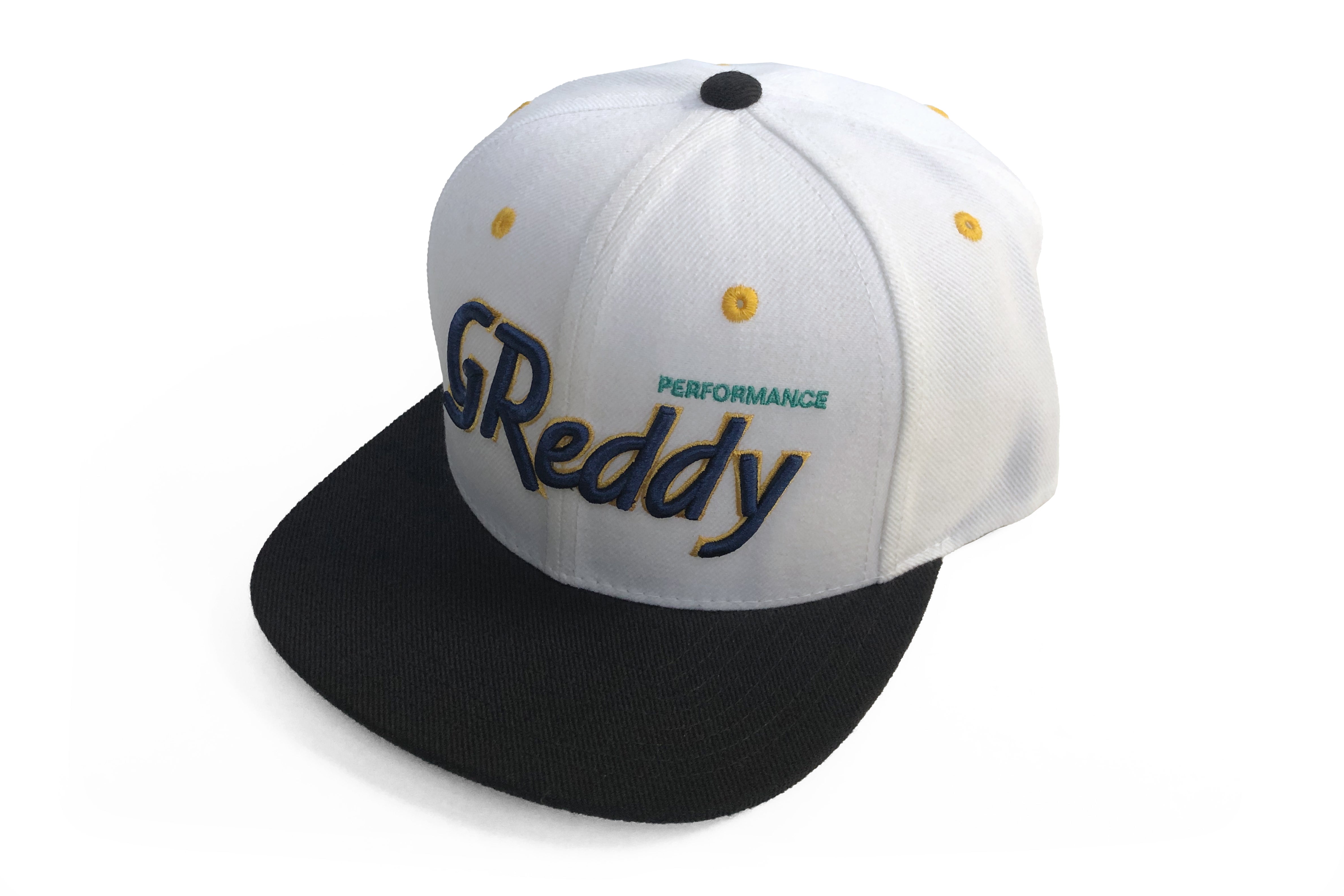 GReddy Varsity Script Snap-Back Cap - White and Navy Blue