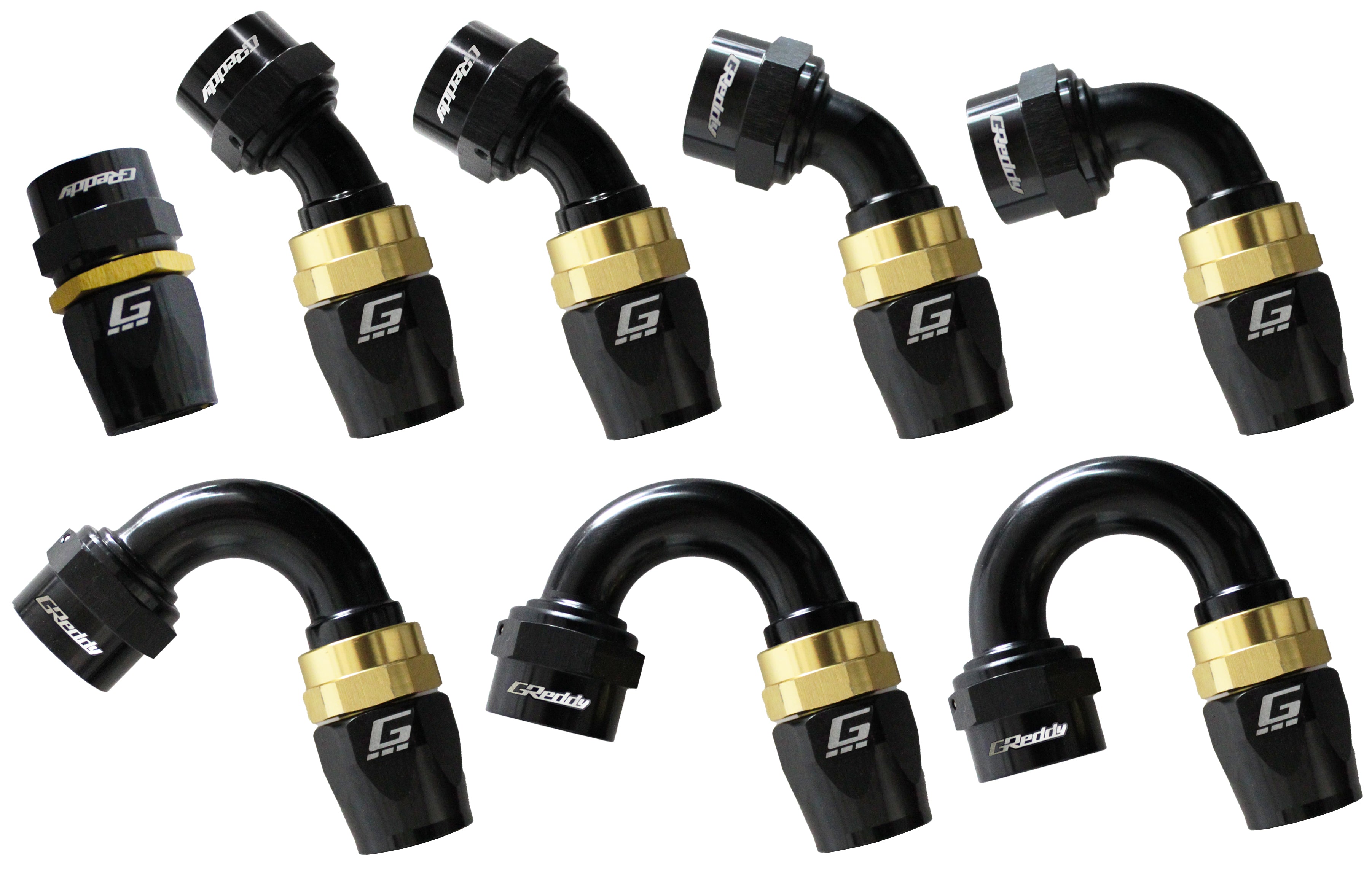 GREDDY 120 DEG. AN HOSE END(s) - BLACK/GOLD - (12800412 12800612 12800812 12801012 12801212 12801612 )