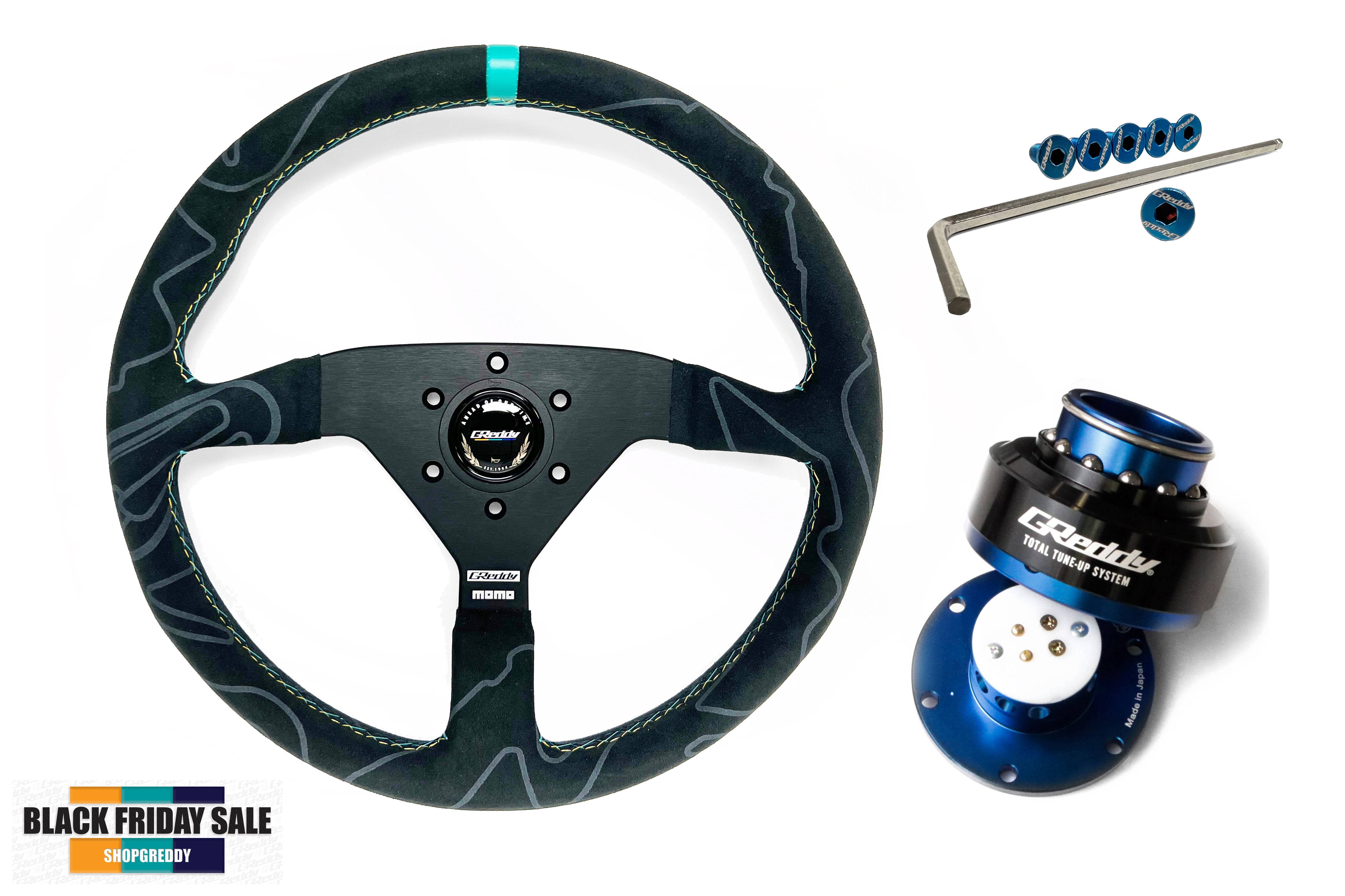 SALE - Ltd. Ed. serialized GReddy MOMO Alcantara Montecarlo Steering Wheel with FREE GReddy Ti bolt set